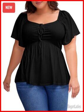 Plus Size Sweetheart Neck Short Sleeve Peplum Blouse Shirred Top